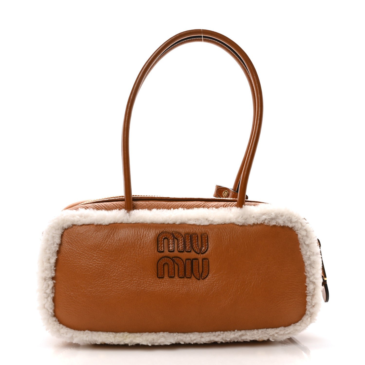 Miu Miu Shearling Calfskin Arcadie Top Handle Bag Cognac