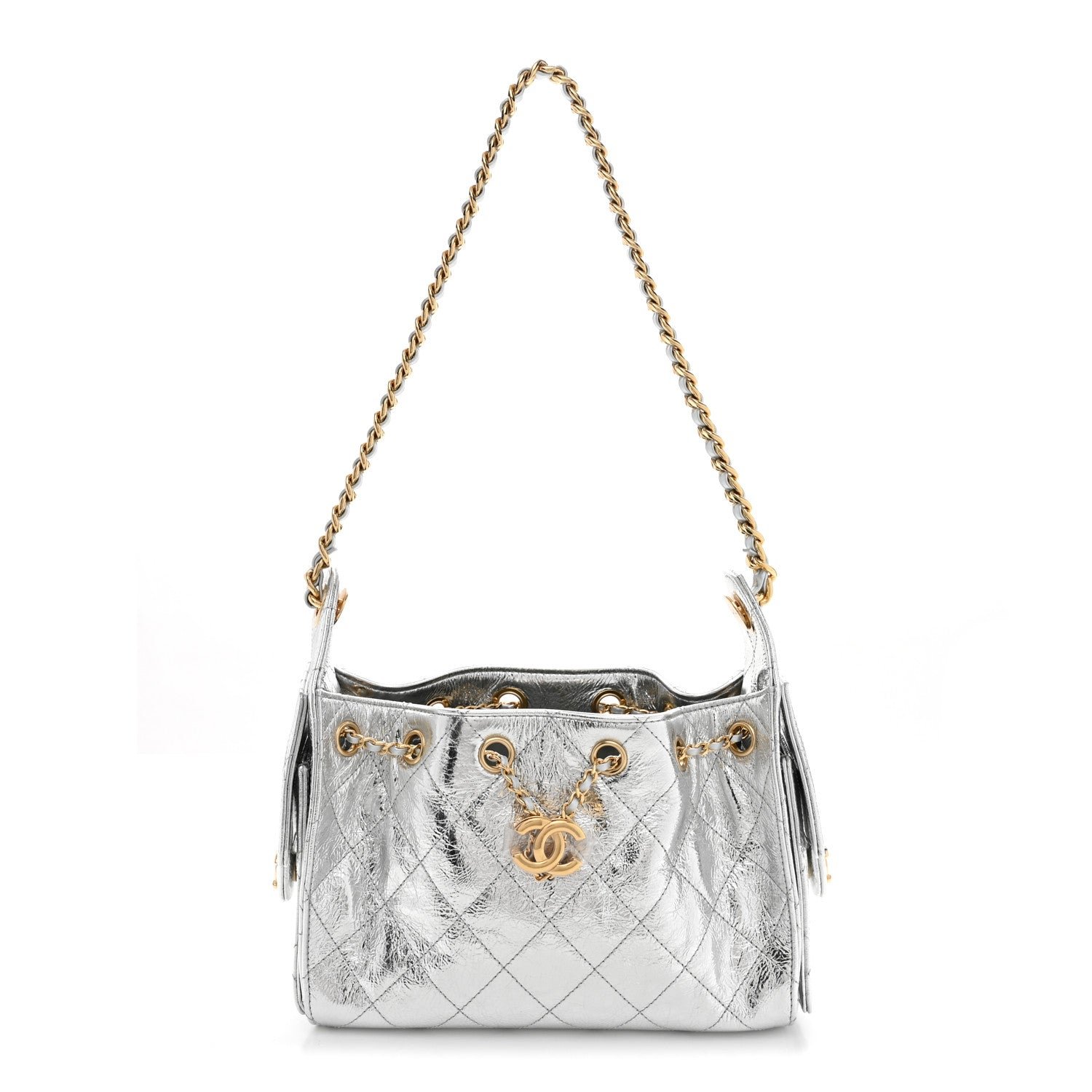 Metallic Aged Calfskin Quilted Mini Chanel 25 Handbag Silver