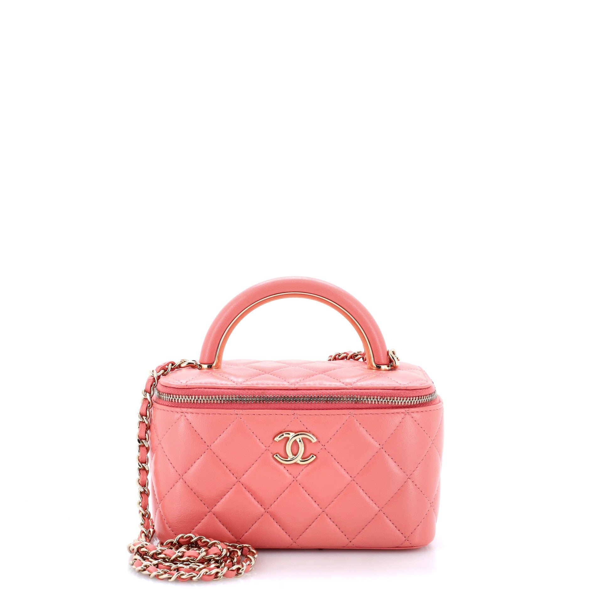 Charming Handle Vanity Case with Chain Quilted Lambskin Small