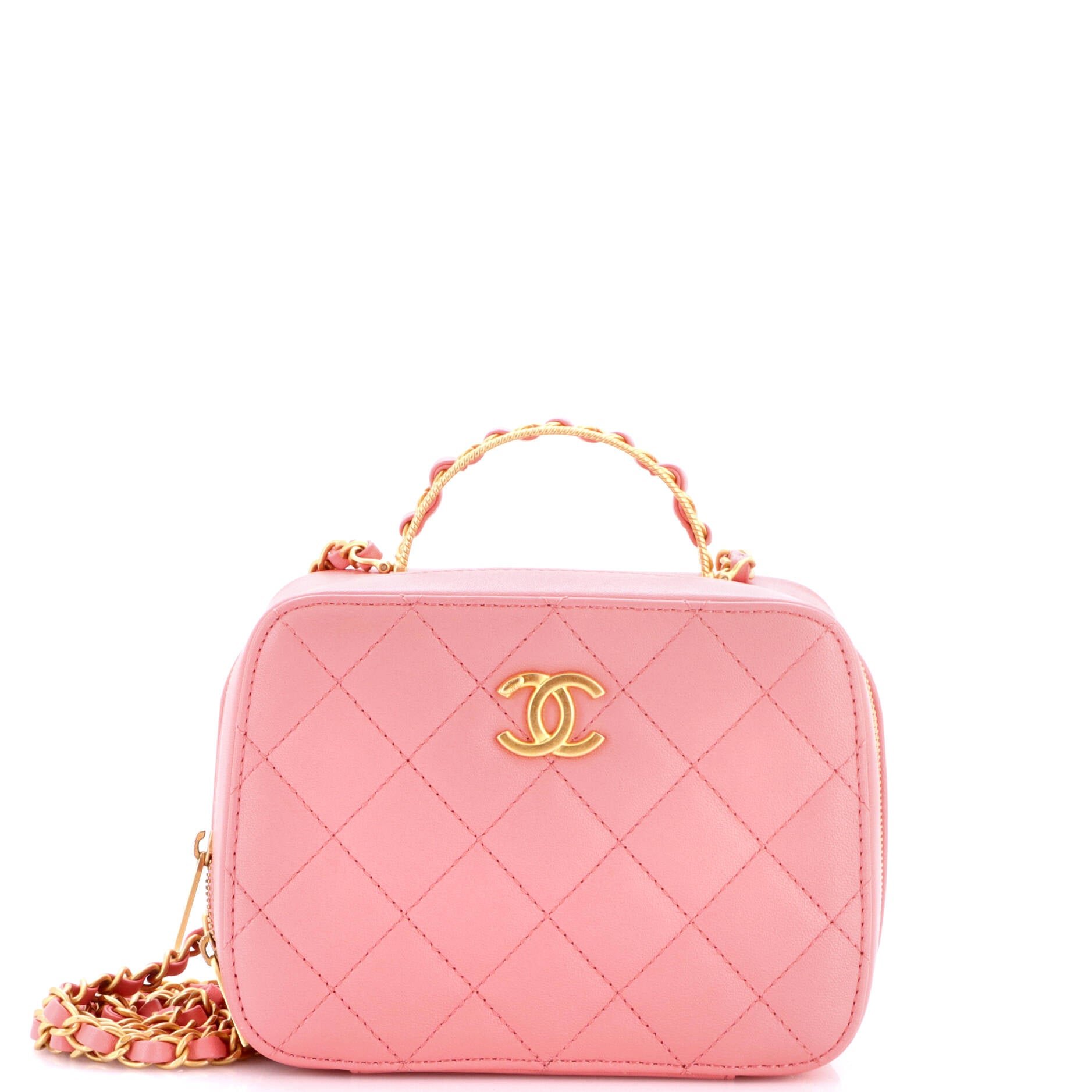 CC Chain Handle Zip Around Vanity Case with Chain Quilted Lambskin Small