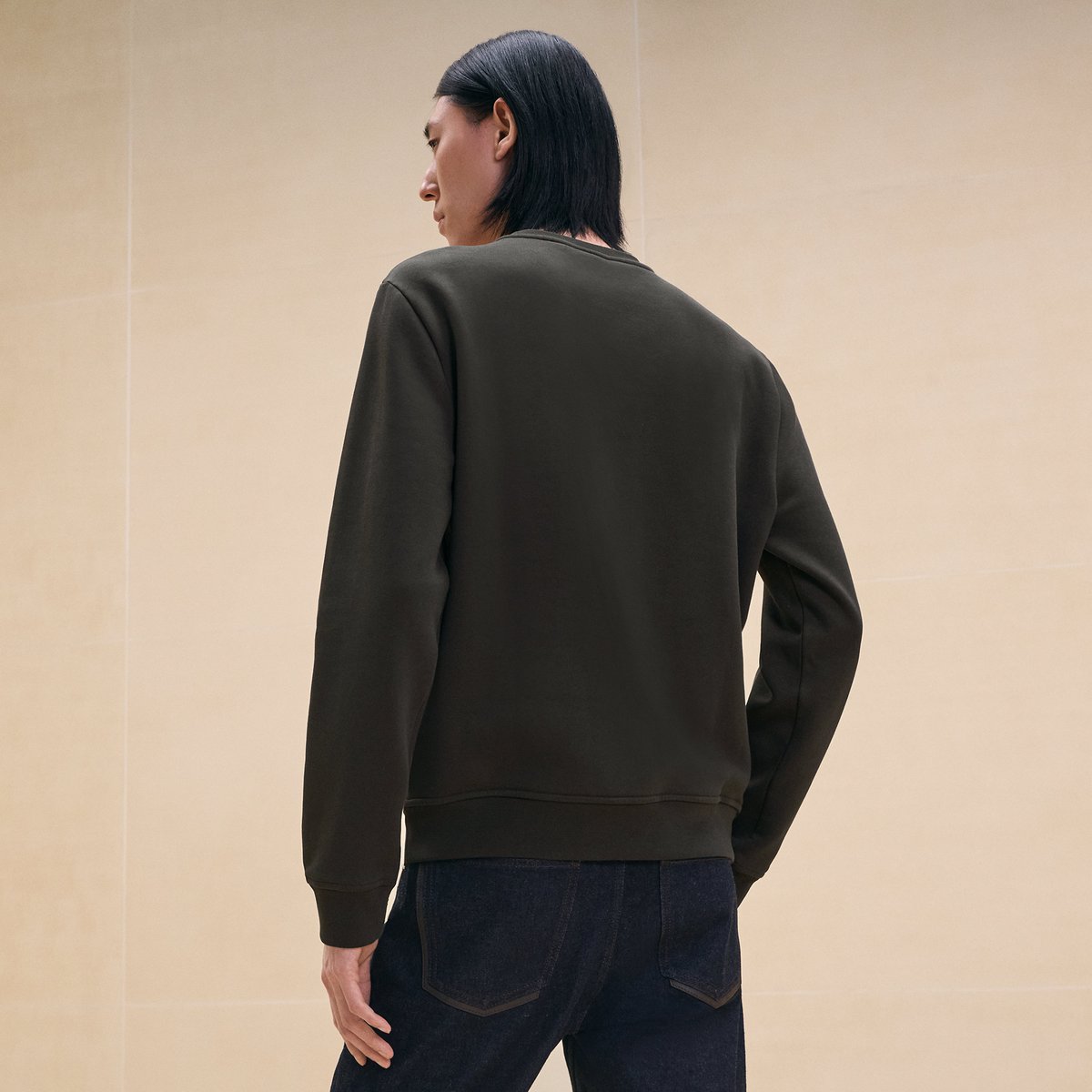 Kaki "Metallerie Au Carre" Crewneck Sweater With Leather Detail