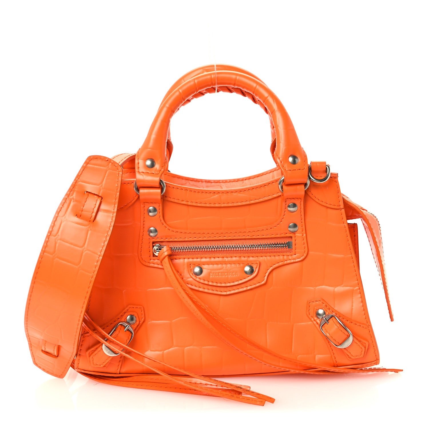 Balenciaga Semi Shiny Calfskin Crocodile Embossed Neo Classic Silver Hardware Mini City Orange