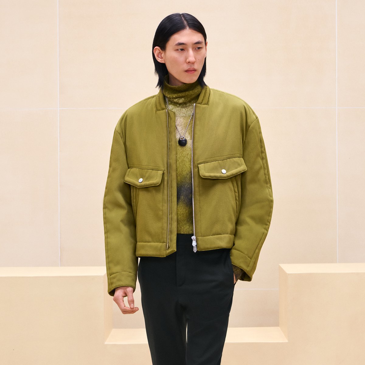 Straight cut jacket with bridle detail
