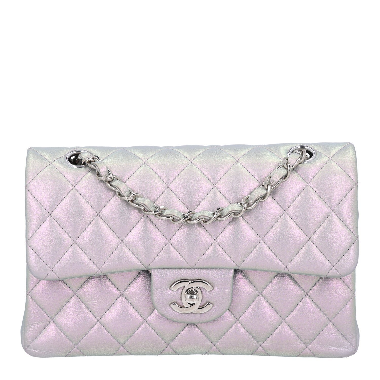 Chanel Iridescent Calfskin Quilted Small Double Flap Light Purple