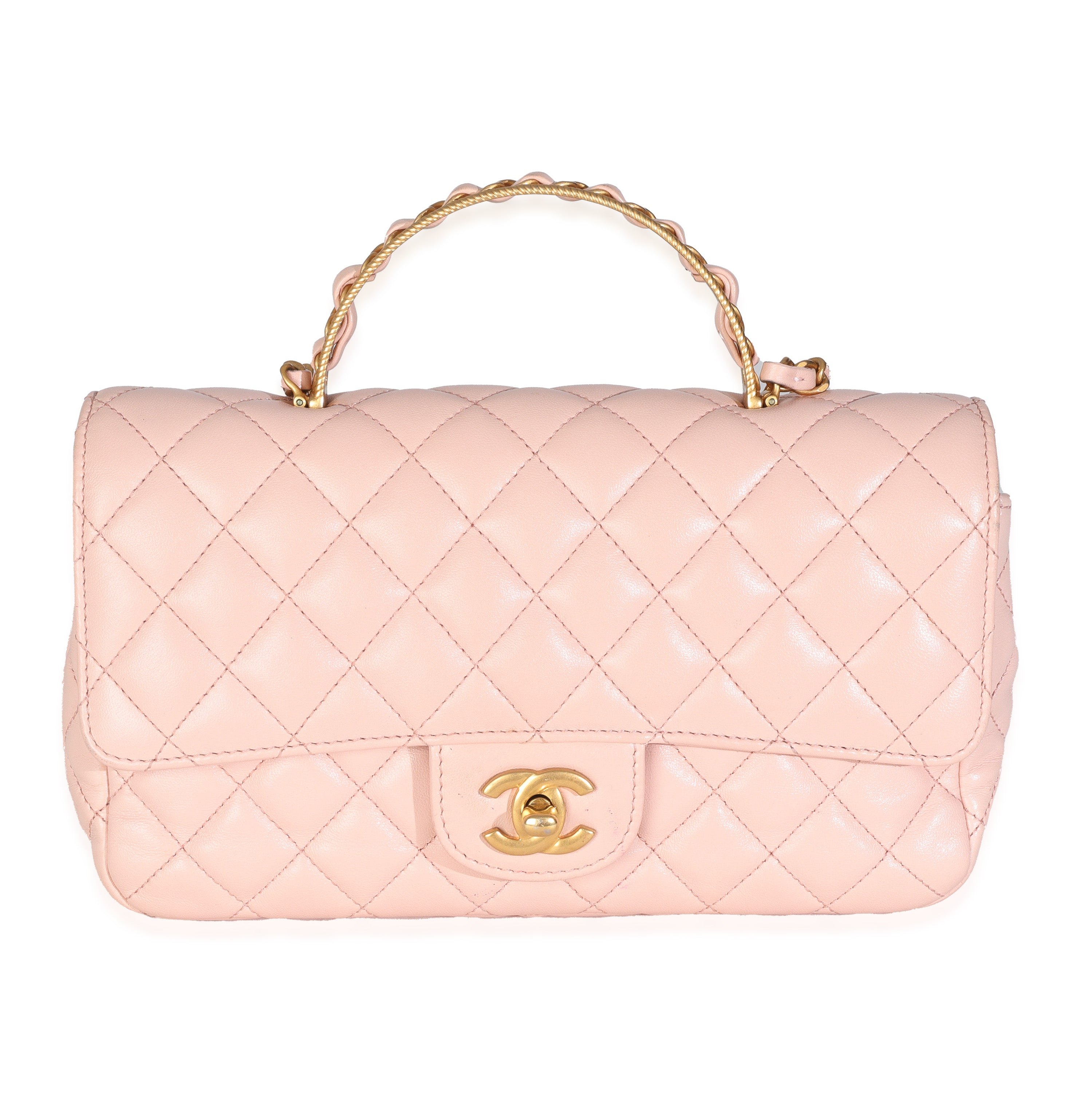 Chanel Light Pink Quilted Lambskin Small Metal Top Handle Flap Bag