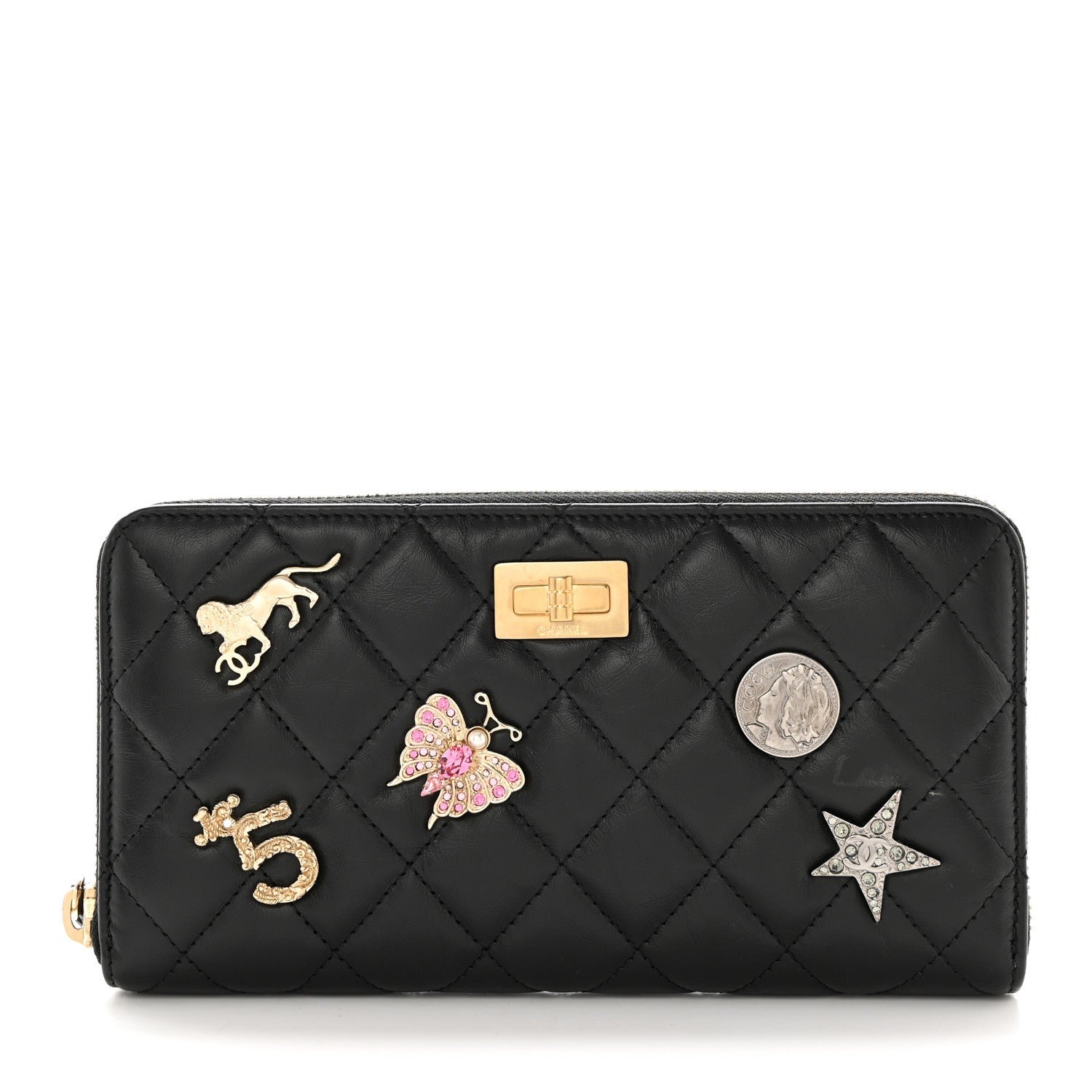 Chanel Aged Calfskin Quilted Lucky Charms 2.55 Reissue Zip Around Wallet Black