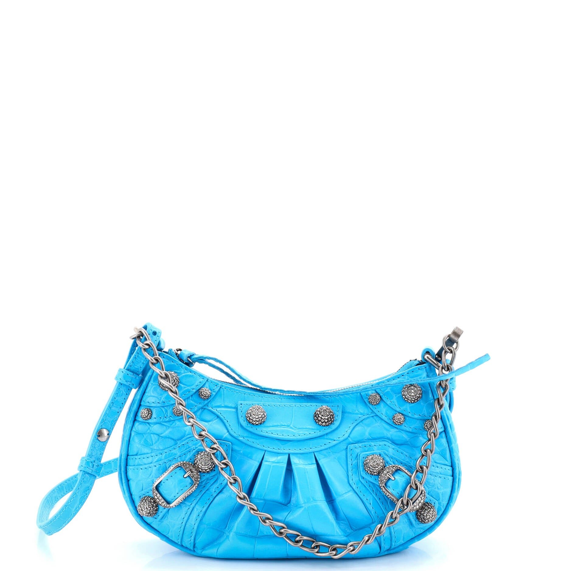 Balenciaga Le Cagole Giant Studs Chain Shoulder Bag Crocodile Embossed Leather with Crystals Mini