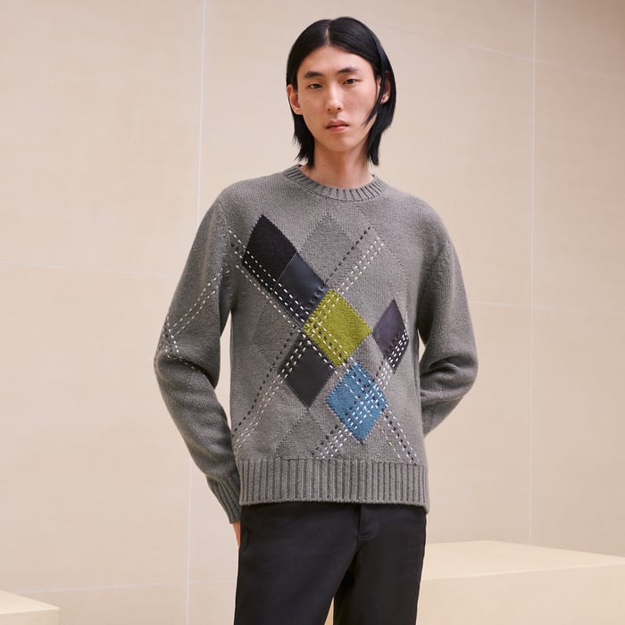 Tourbe Cashmere "Argyle Brode Cuir" Crewneck Sweater