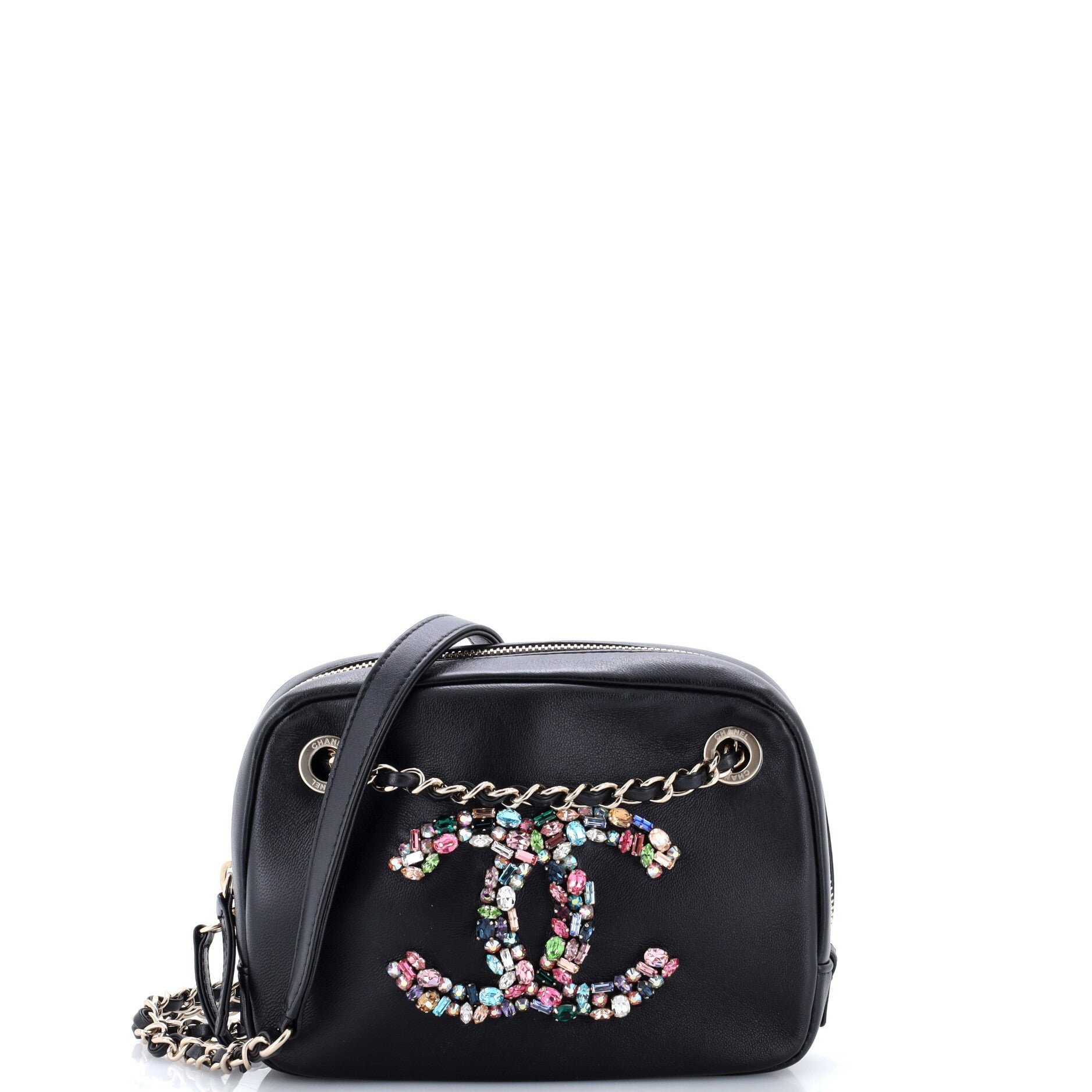 Giant Crystal CC Camera Bag Embellished Lambskin Small