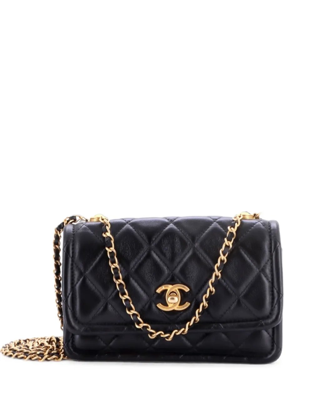 Button on Top Flap Clutch with Chain Quilted Shiny Lambskin Small shoulder bag
