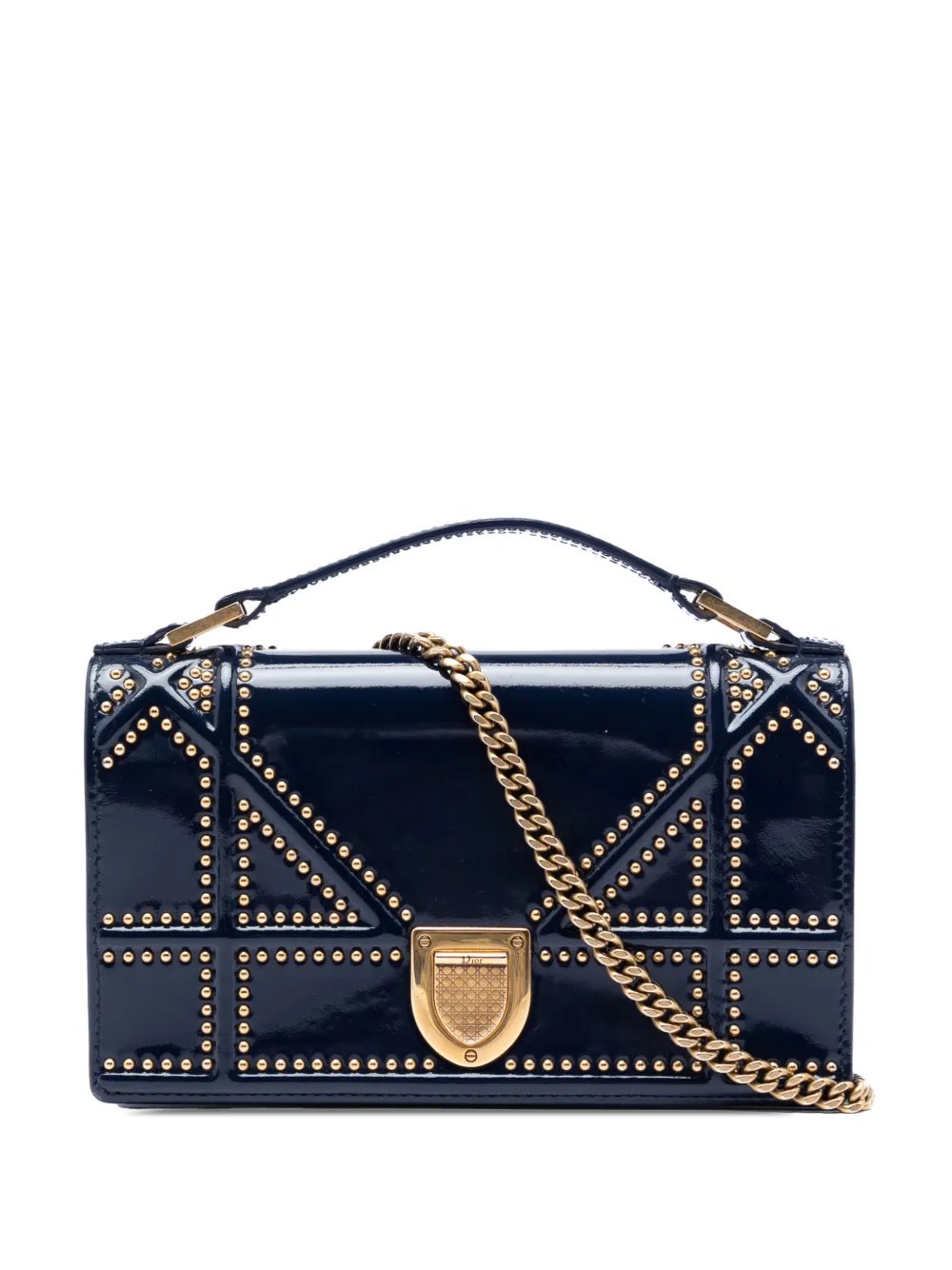2017 Patent Studded Diorama Top Handle Wallet on Chain satchel