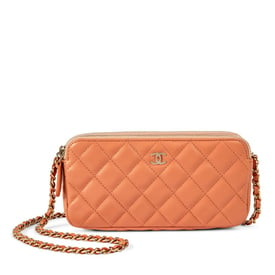 Chanel Blush Quilted Lambskin Double Zip Clutch with Chain Gold Hardware, 2018