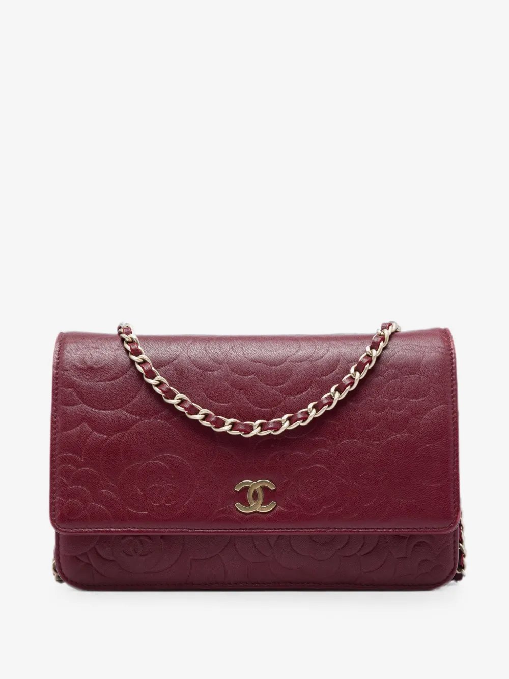 2012 CC Embossed Calfskin Camellia Wallet On Chain crossbody bag