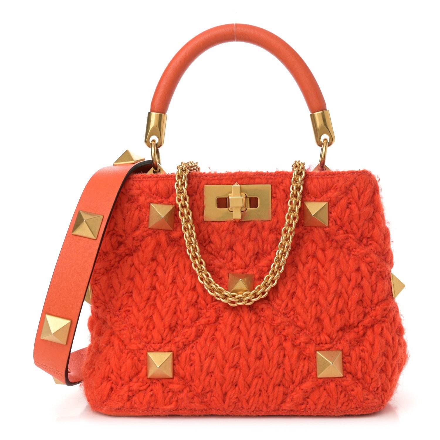 Valentino Garavani Wool Woven Small Roman Stud The Handle Bag Titian