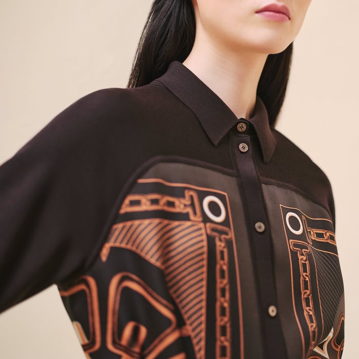 Marron Tarn "Effet Kaleidoscope" Shirt Knotted Waist Twillaine Dress