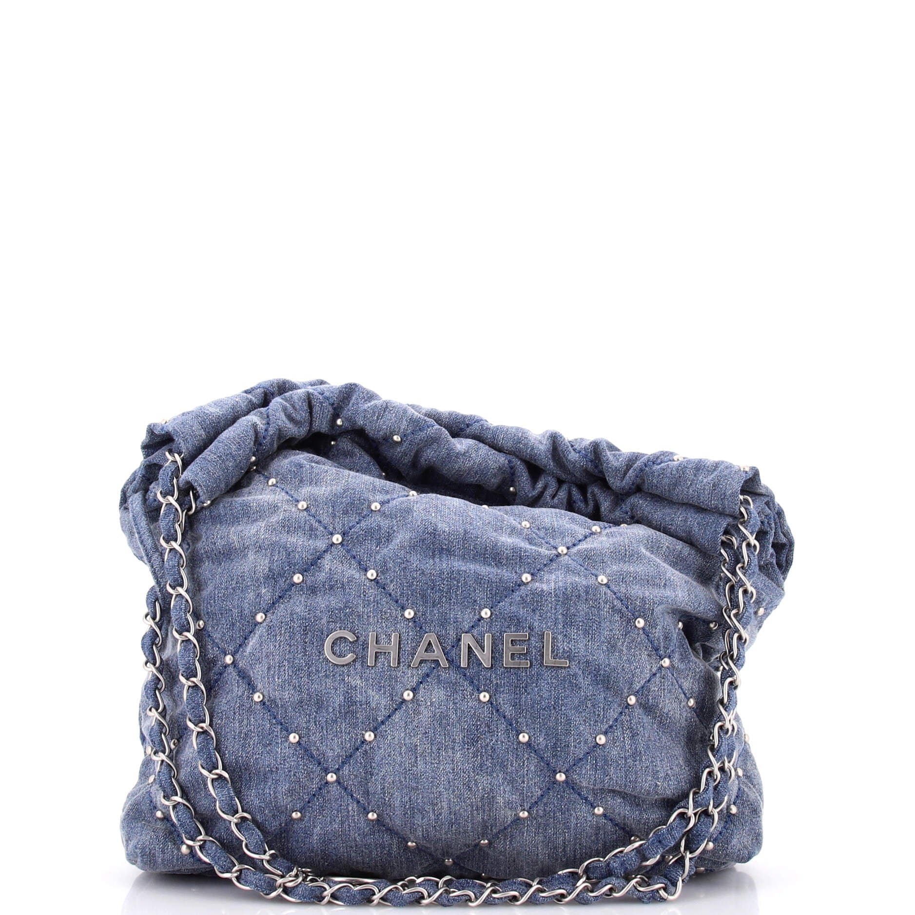22 Chain Hobo Quilted Studded Denim Small
