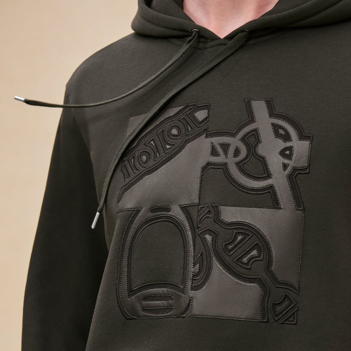 Kaki "Metallerie Au Carre" Hooded Sweater With Leather Detail