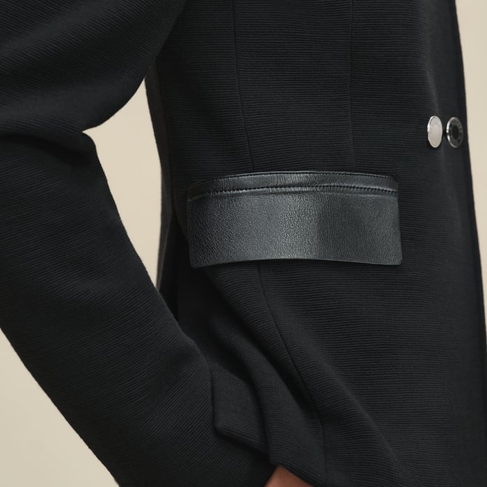 Noir Short Pea Coat With Leather Details
