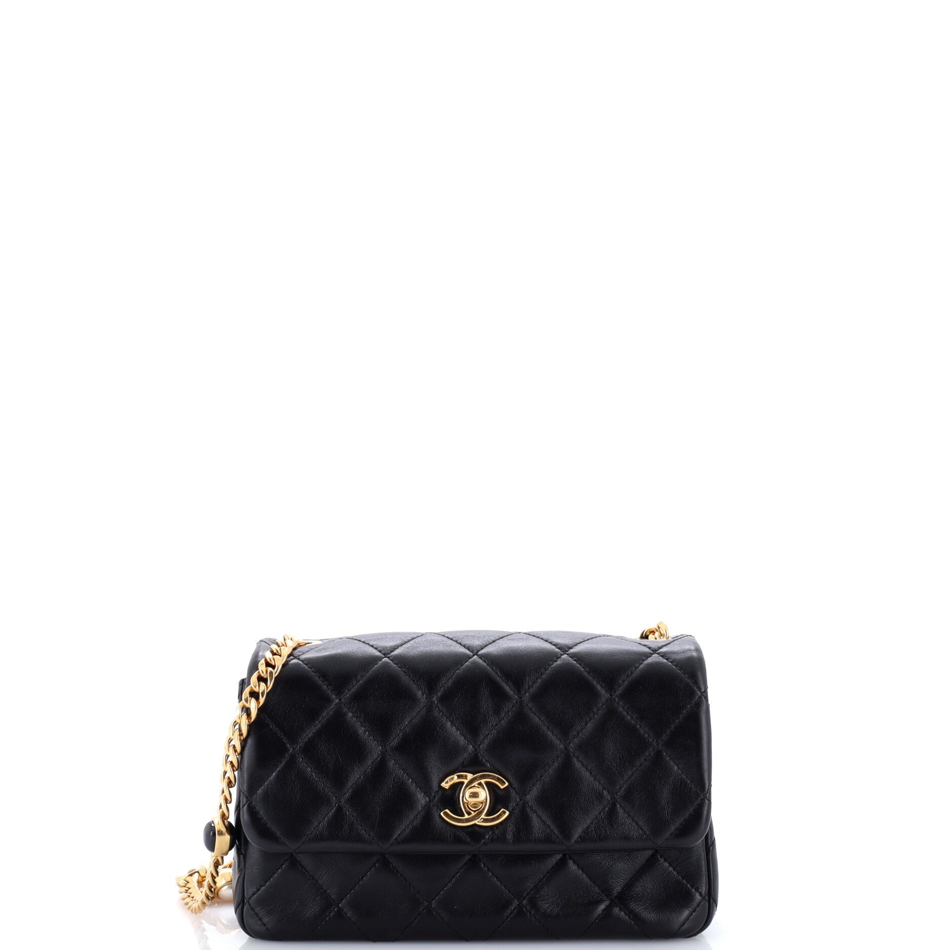 Resin Pearl Chain Flap Bag Quilted Lambskin Small