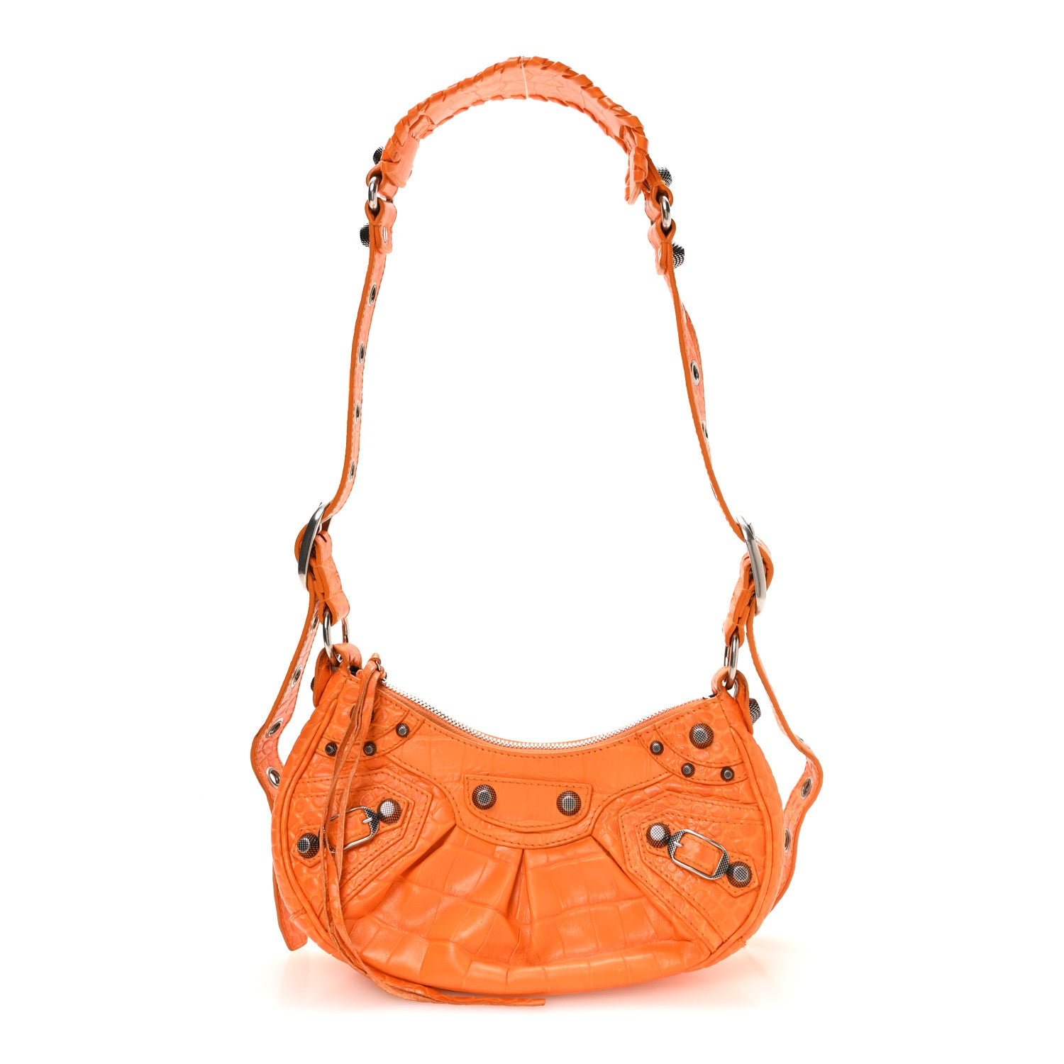 Balenciaga Extra Supple Calfskin Crocodile Embossed Le Cagole Shoulder Bag XS Pop Orange