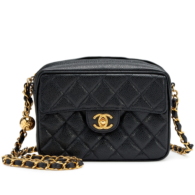 Vintage Black Quilted Caviar Front Flap Pocket Mini Camera Bag Gold Hardware, 1991-1994