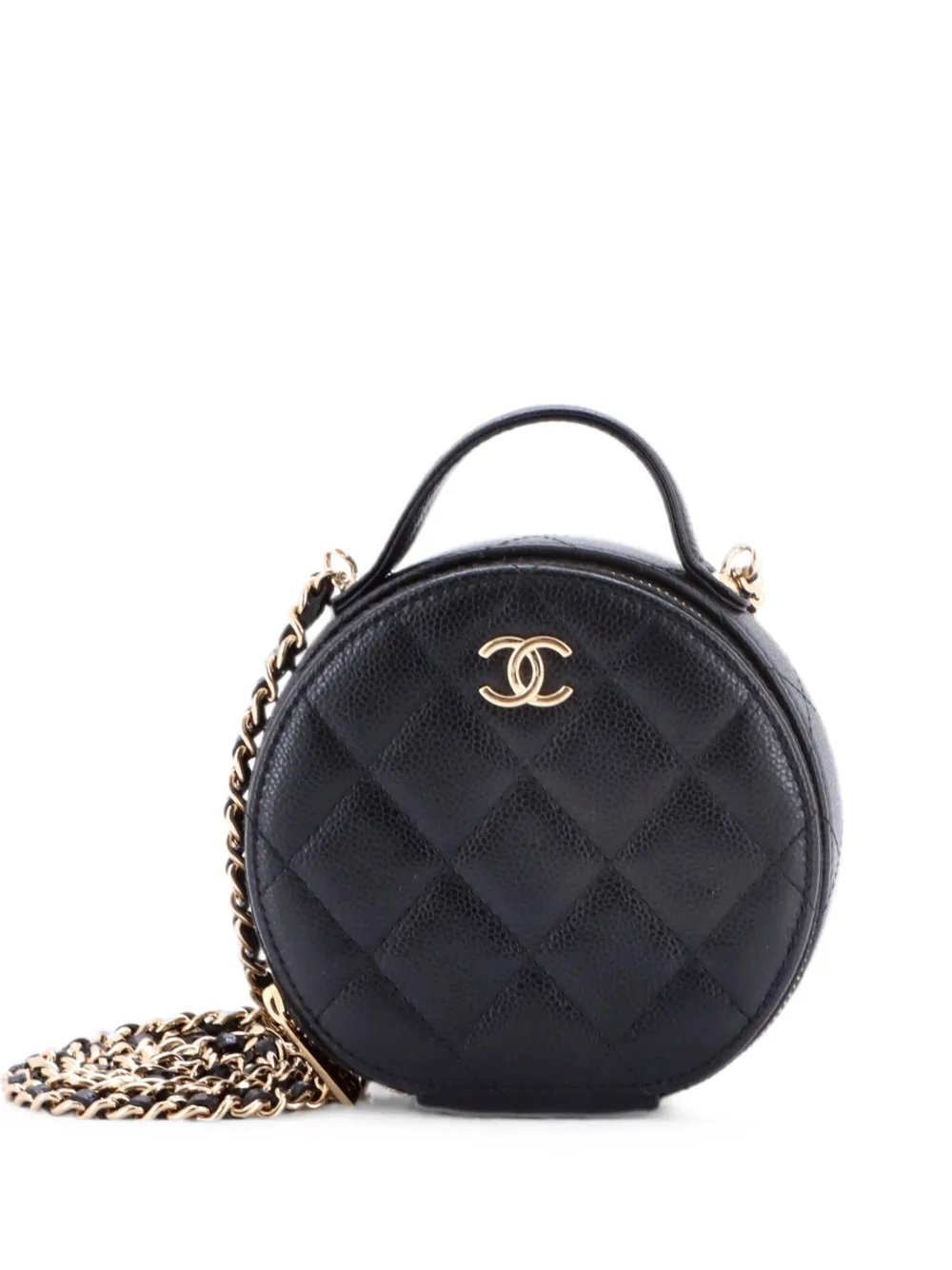Handle with Care Round Vanity Case with Chain Quilted Caviar Small crossbody bag