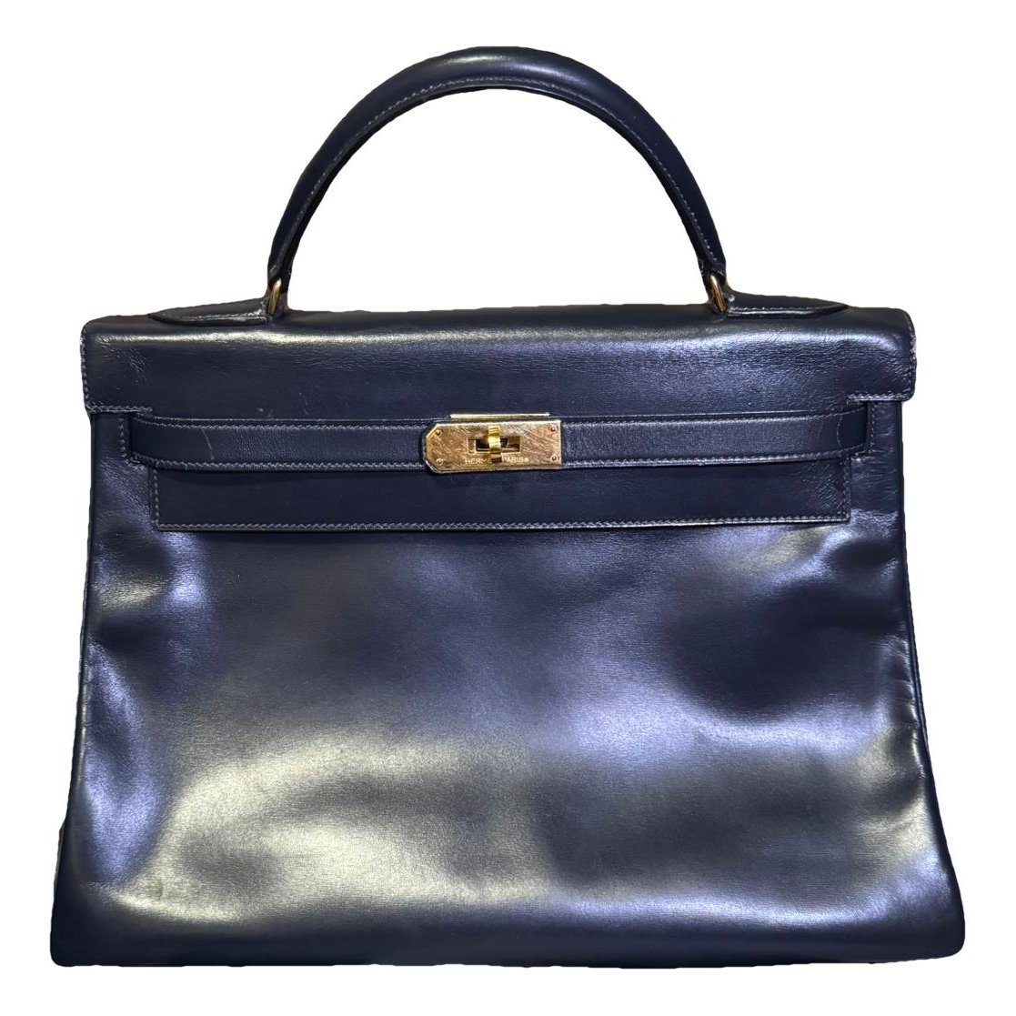Hermes Kelly 32 Handbag Blue Marine Box Calf Leather 1987