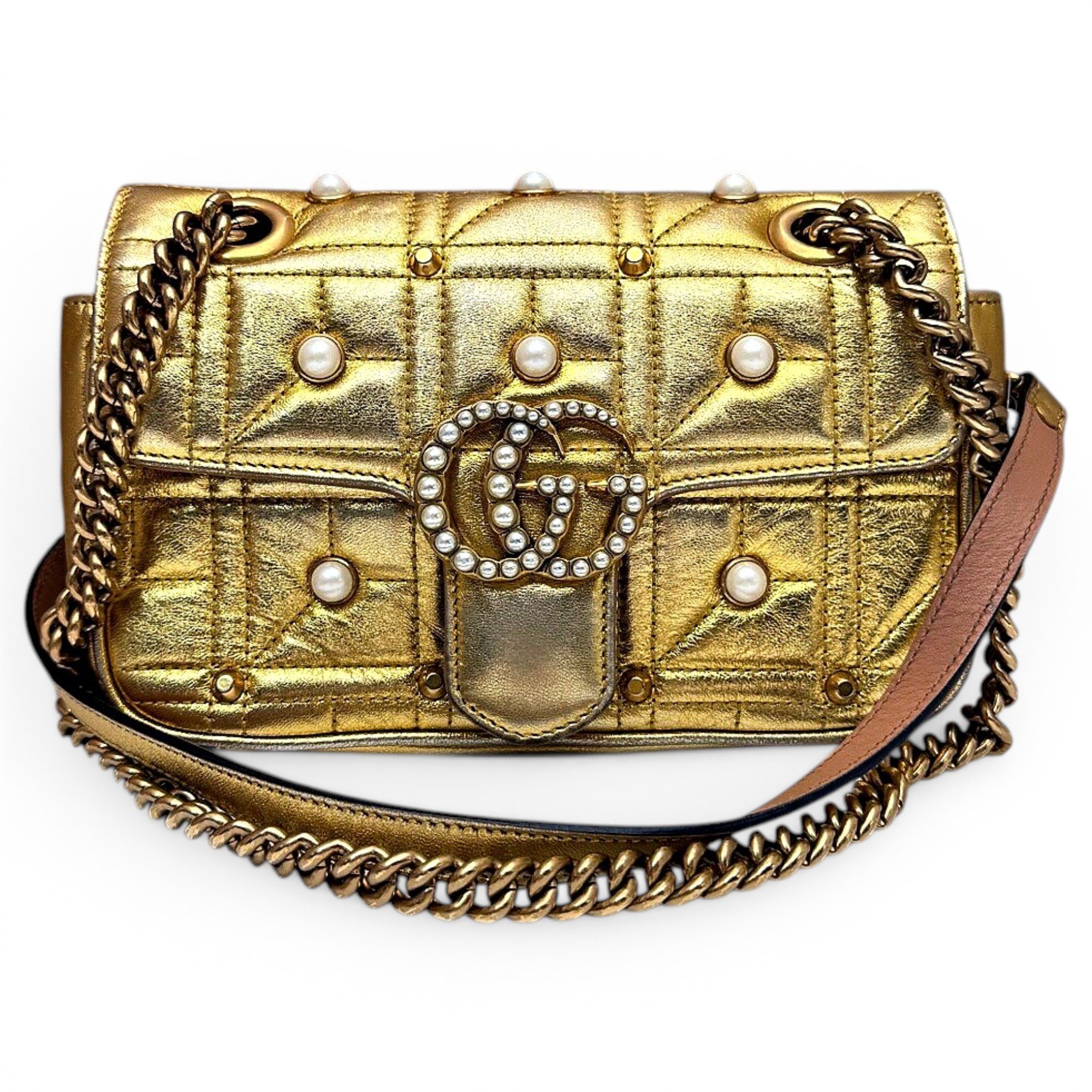 Pearly GG Marmont Chain Wallet leather crossbody bag