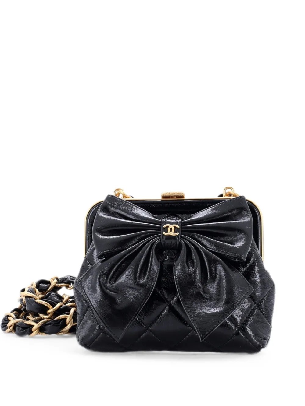 Bow Frame Clutch With Chain Quilted Patent with Lambskin Mini crossbody bag