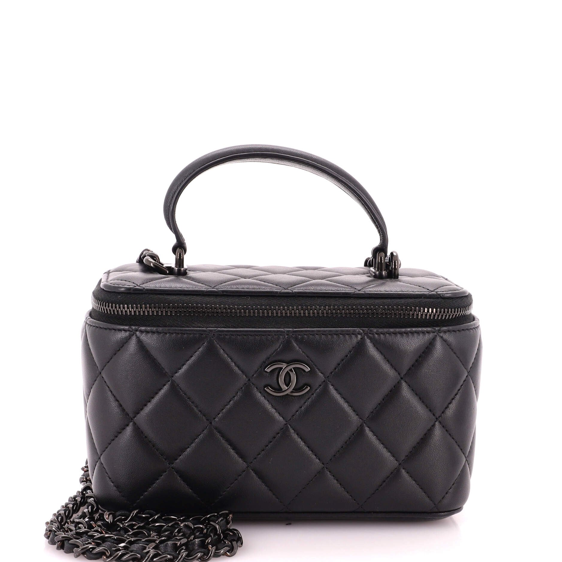 So Black Top Handle Vanity Case with Chain Quilted Lambskin Small
