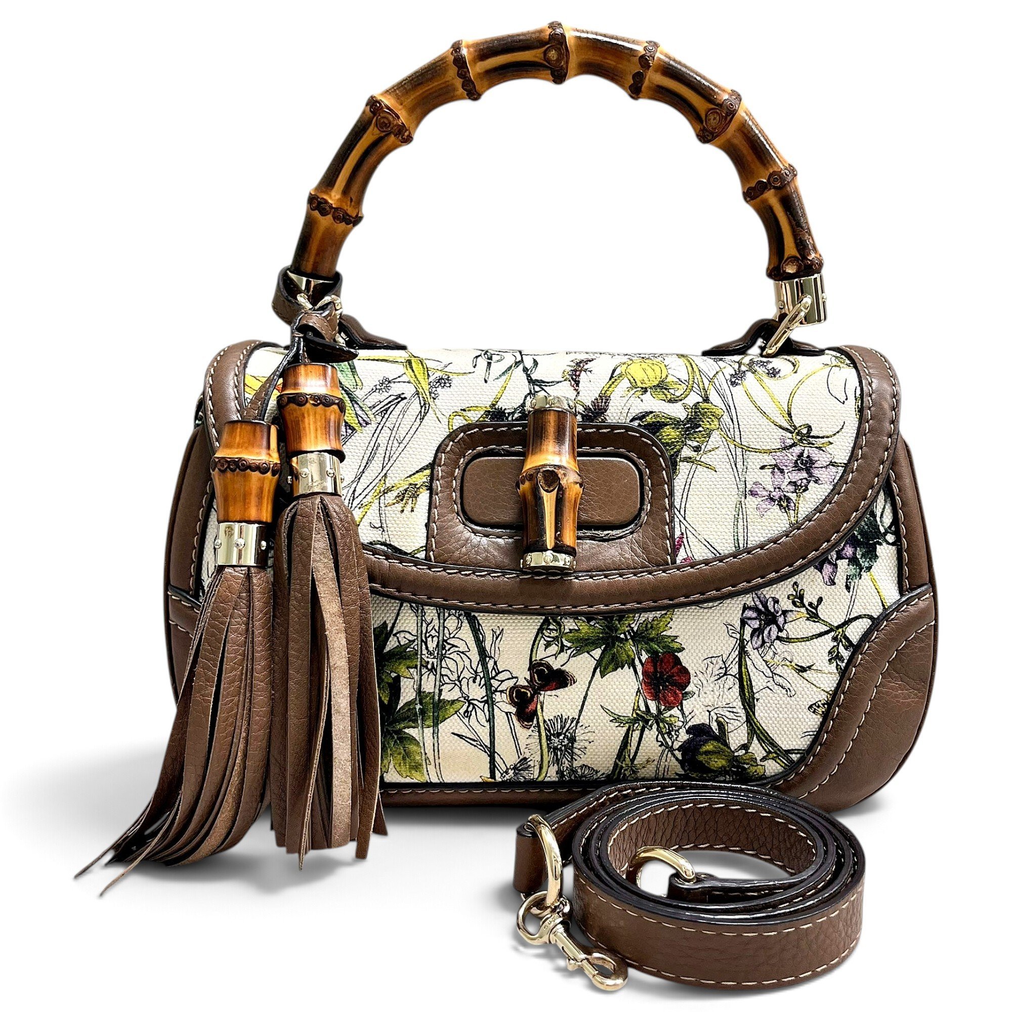 Convertible Pompon Bamboo Top Handle cloth handbag