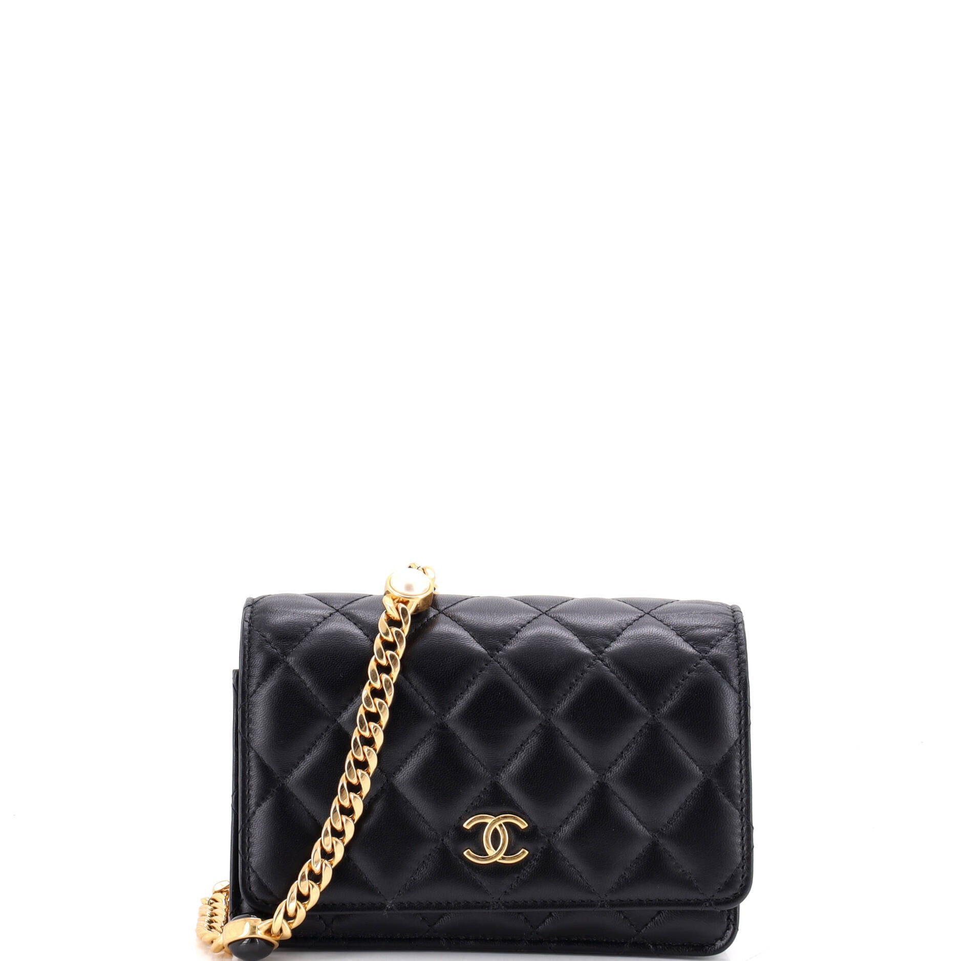 Resin Pearl Chain Flap Bag Quilted Lambskin Mini