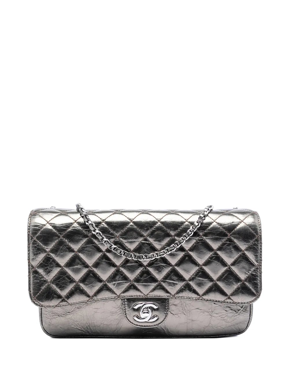 2012 Medium Metallic Crackled Calfskin Clams Pocket Flap shoulder bag