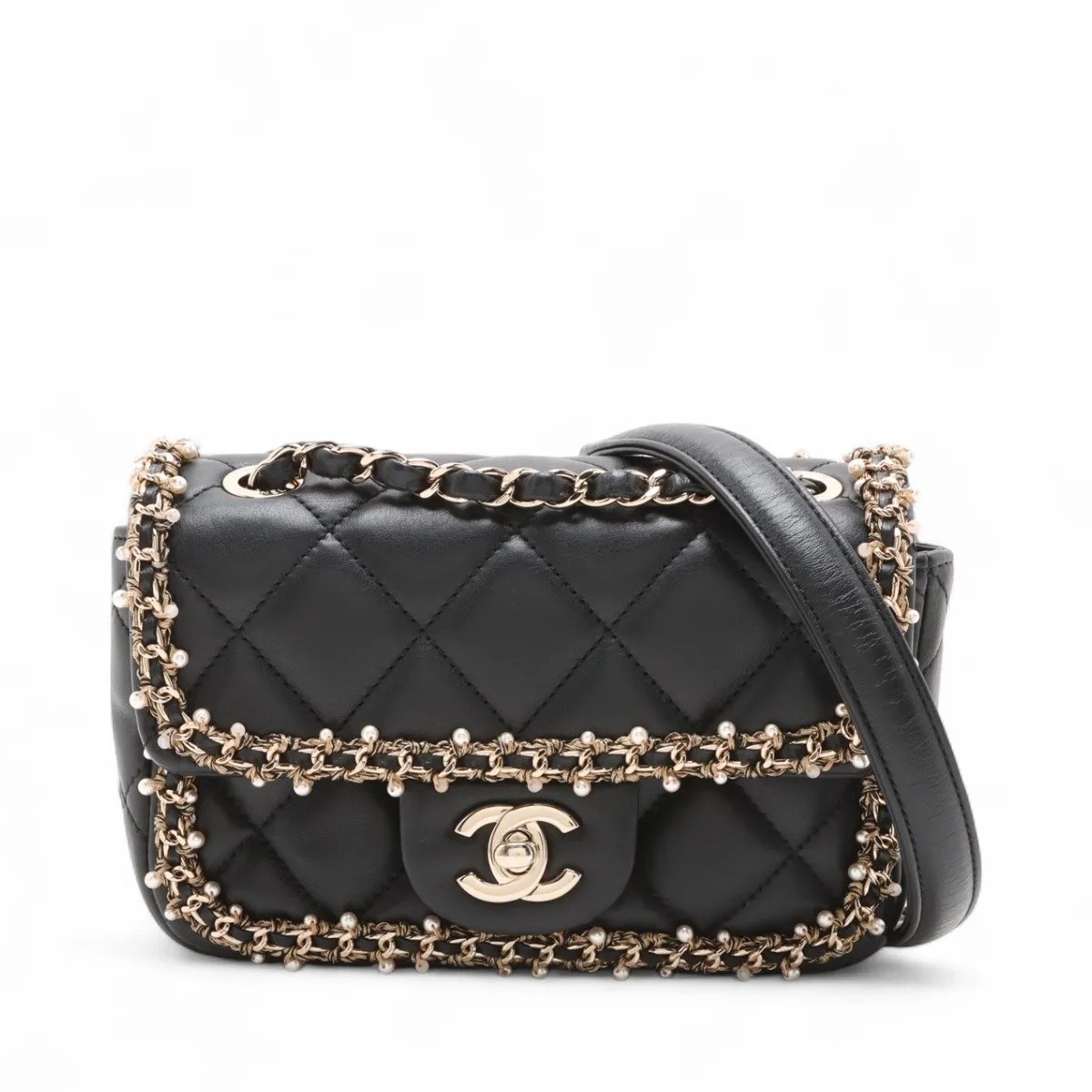 Chanel Matelasse Lambskin Single Flap Double Chain Bag Pearl Black Gold Metal Fi