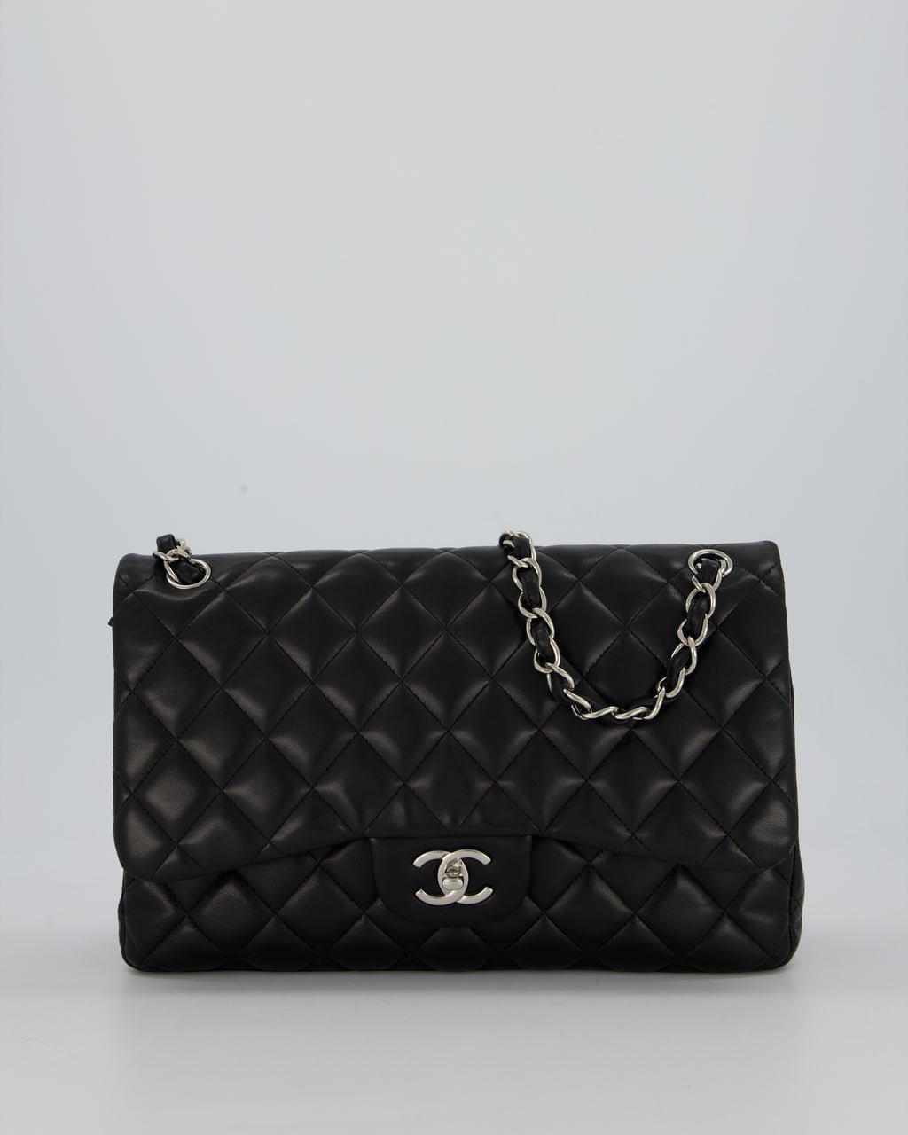 Chanel Black Jumbo Classic Double Flap Bag in Lambskin Leather with Silver Hardware