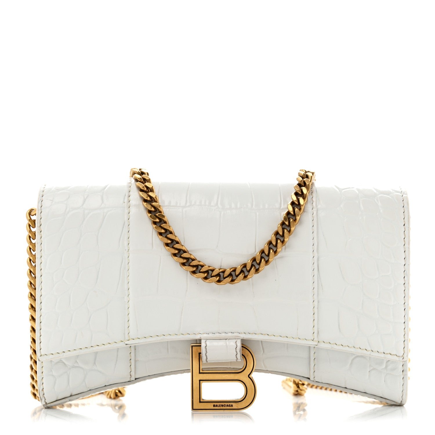 Balenciaga Shiny Calfskin Crocodile Embossed Hourglass Chain Bag White