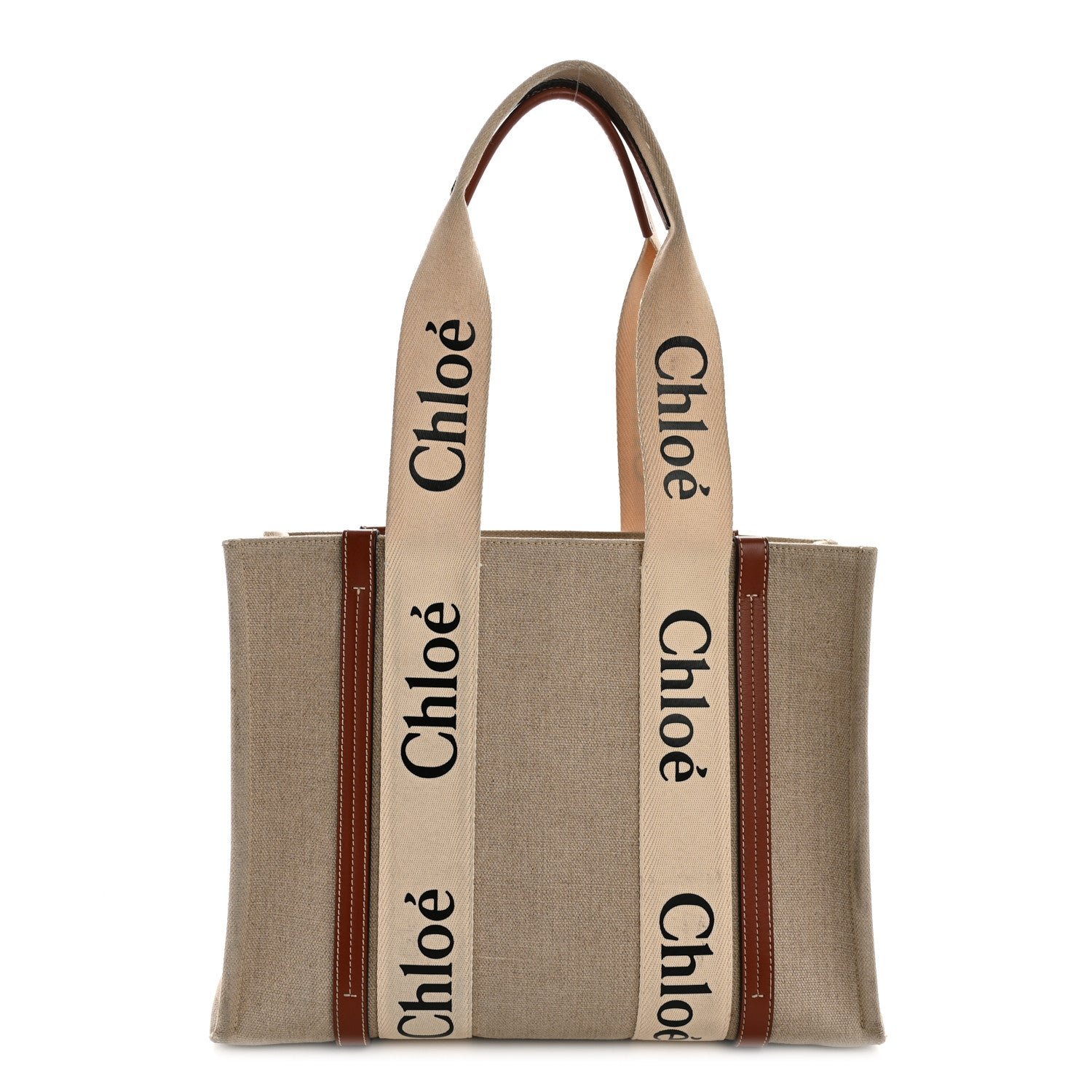 Chloe Linen Calfskin Medium Woody Ribbon Tote White Brown