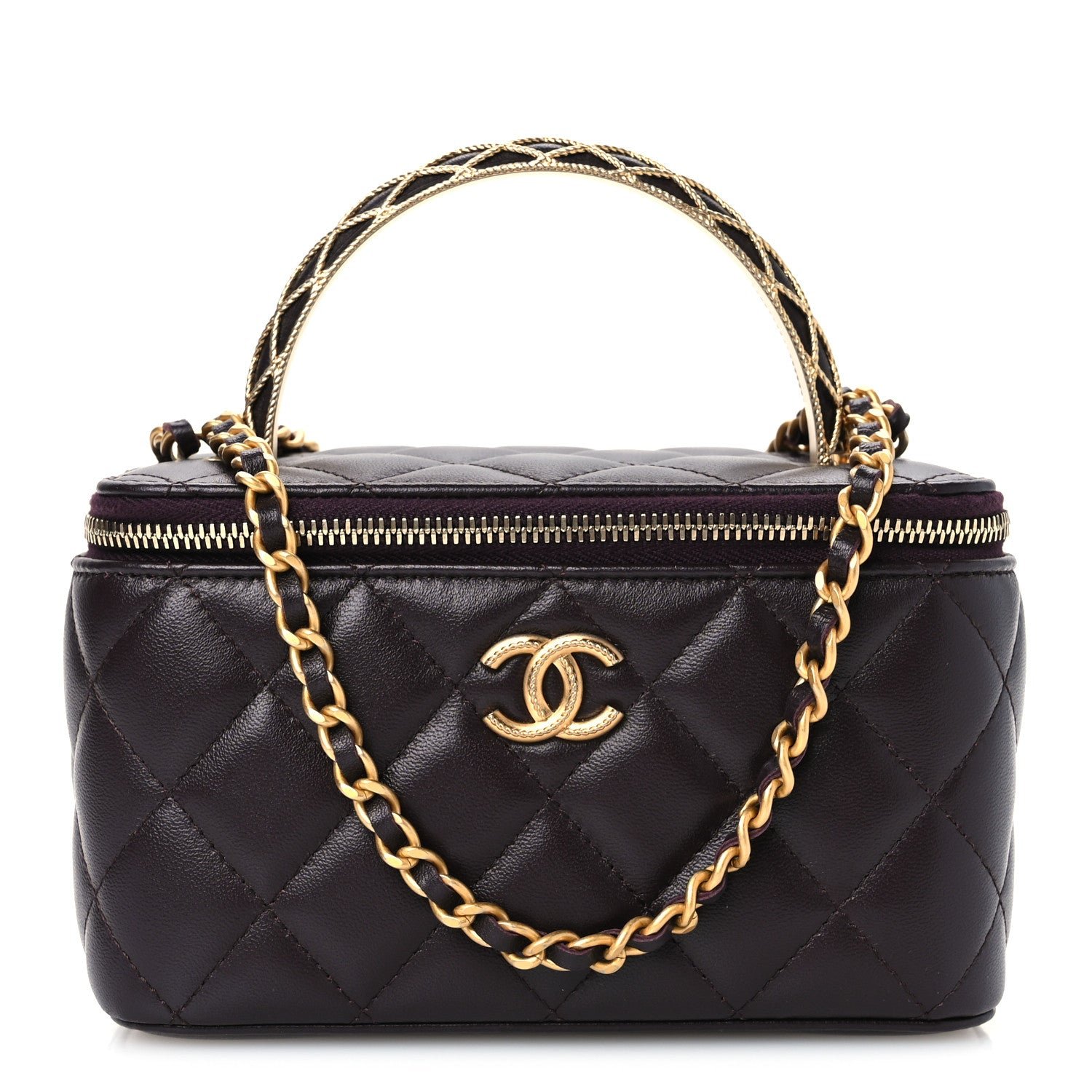 Chanel Lambskin Quilted Metal Twist Small Top Handle Vanity Case With Chain Burgundy