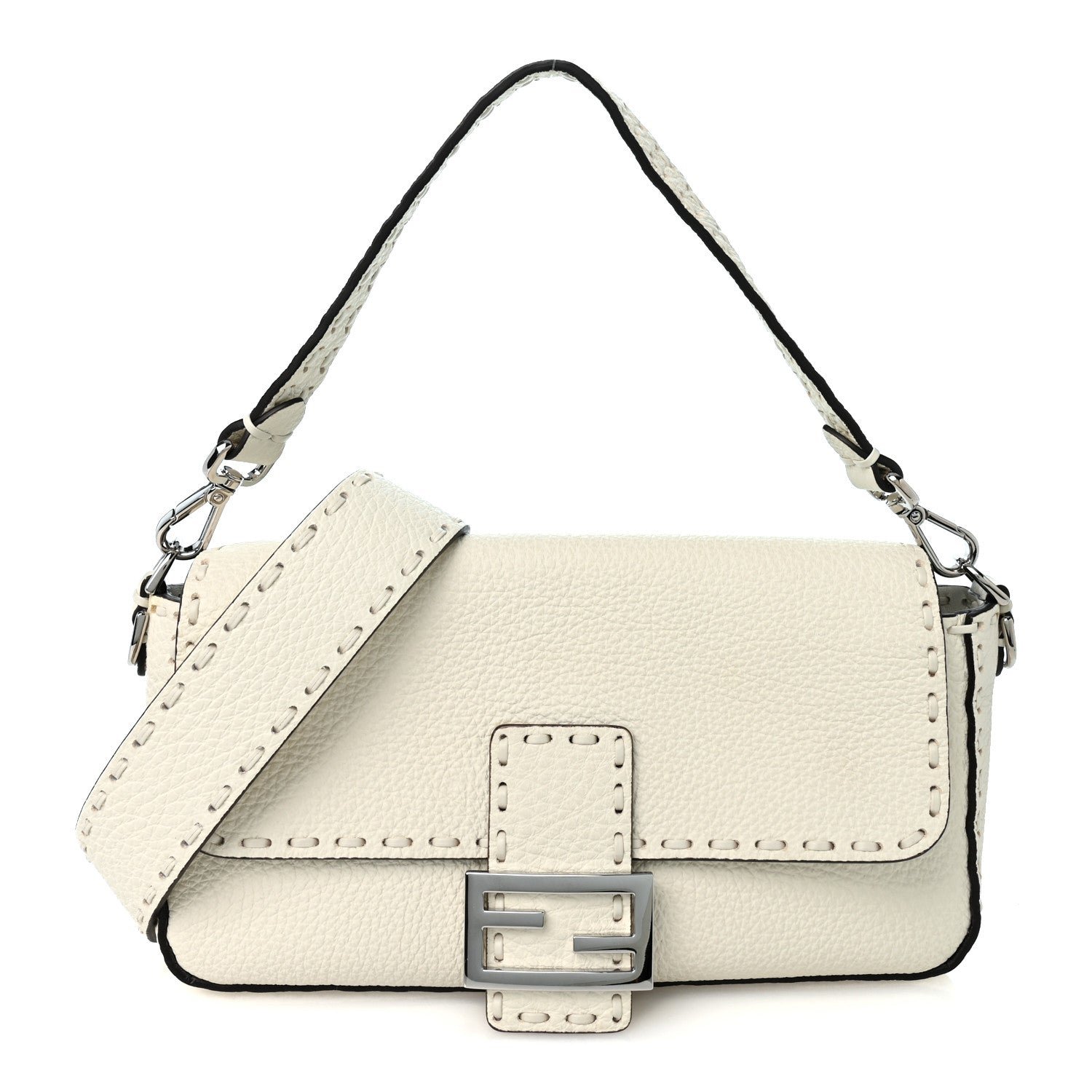 Fendi Cuoio Roma Sellerissima Nappa Sintetica Tape Stitch Baguette Bianco Ice