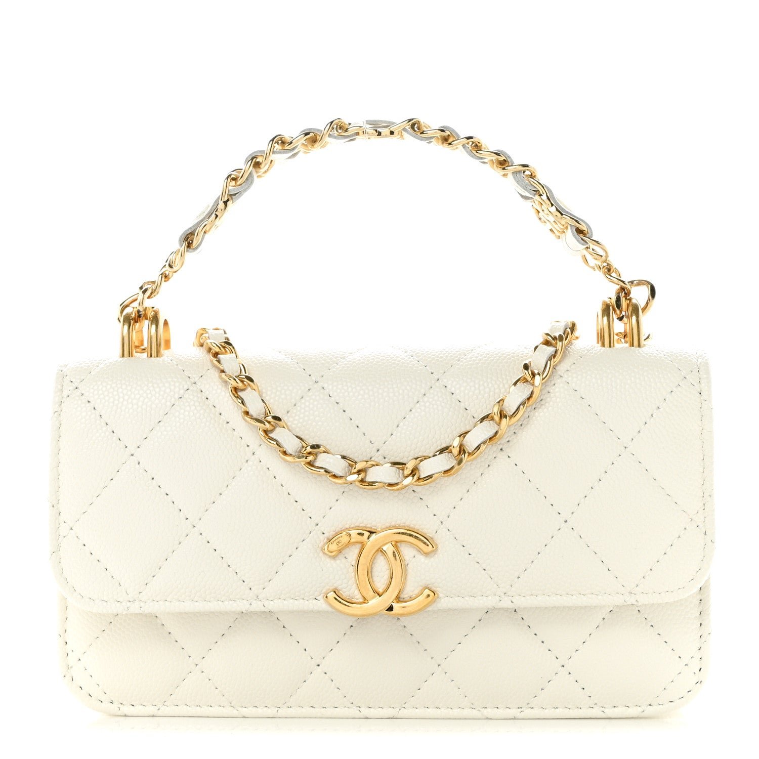 Chanel Caviar Quilted Phone Holder With Chain White