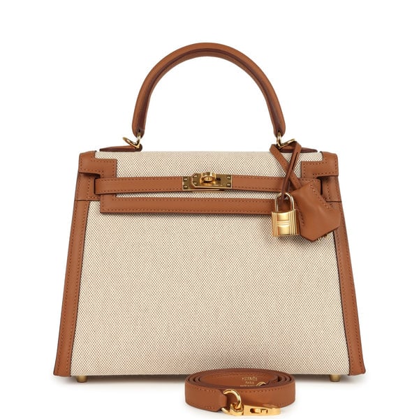 Hermes Hermes Kelly Sellier 25 Gold Swift and Ecru & Beige Toile H Canvas Gold Hardware