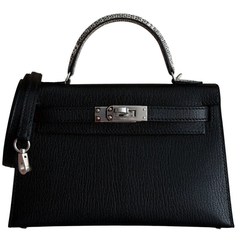 Black Chèvre Chamkila and Ombre Lizard Touch Mini Kelly 20 II Palladium Hardware, 2026