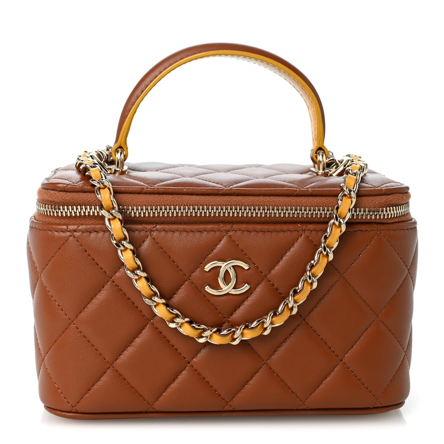 Chanel Lambskin Quilted Small Top Handle Vanity Case With Chain Light Brown Yellow