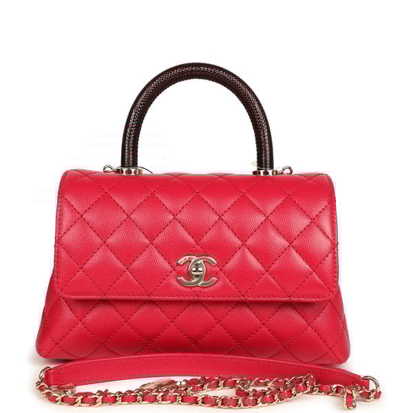 Chanel Chanel Mini Coco Top Handle Flap Bag Dark Red Shiny Caviar and Burgundy Lizard Light Gold Hardware
