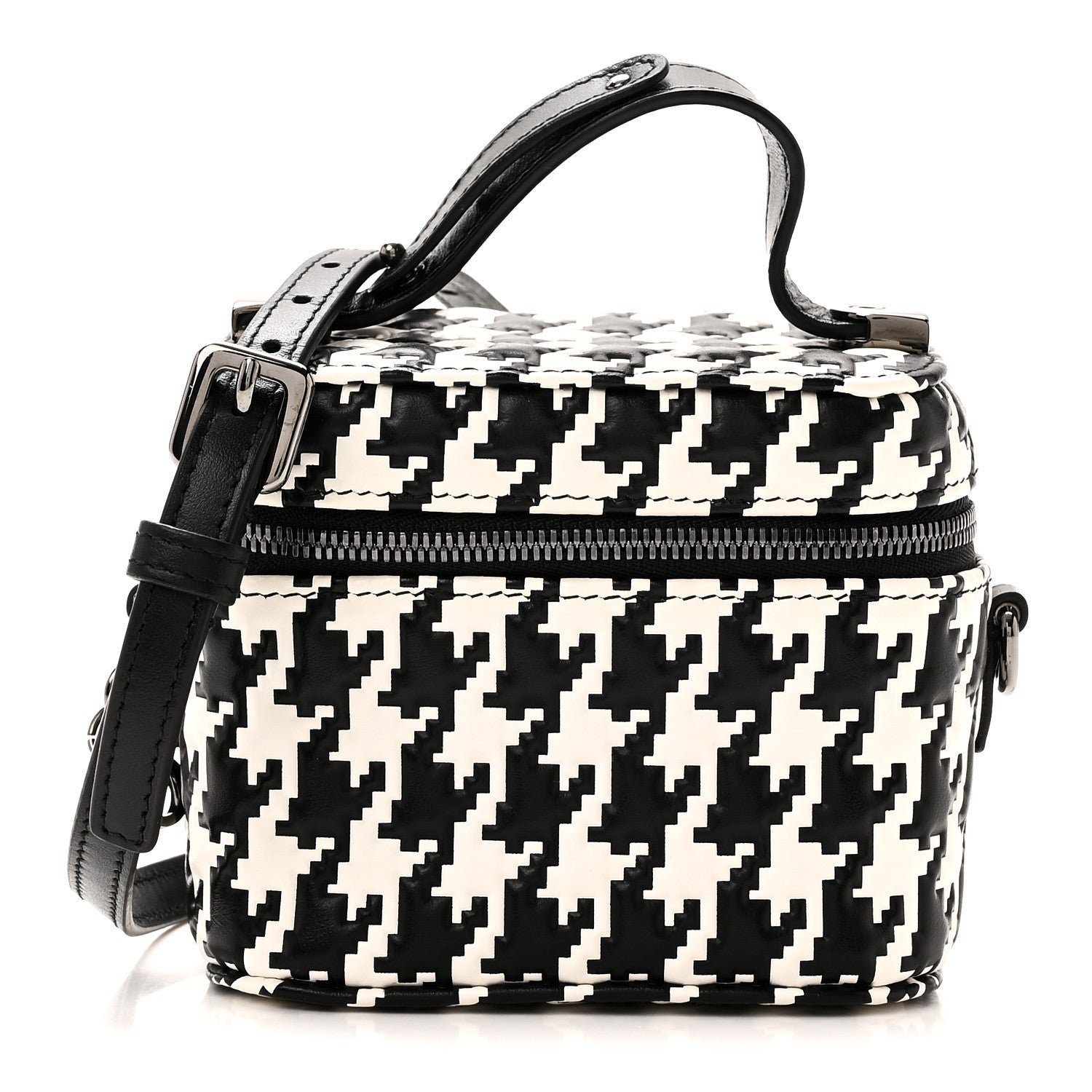Christian Dior Calfskin Macro Houndstooth Embossed Micro Lady Dior Vanity Case Black White