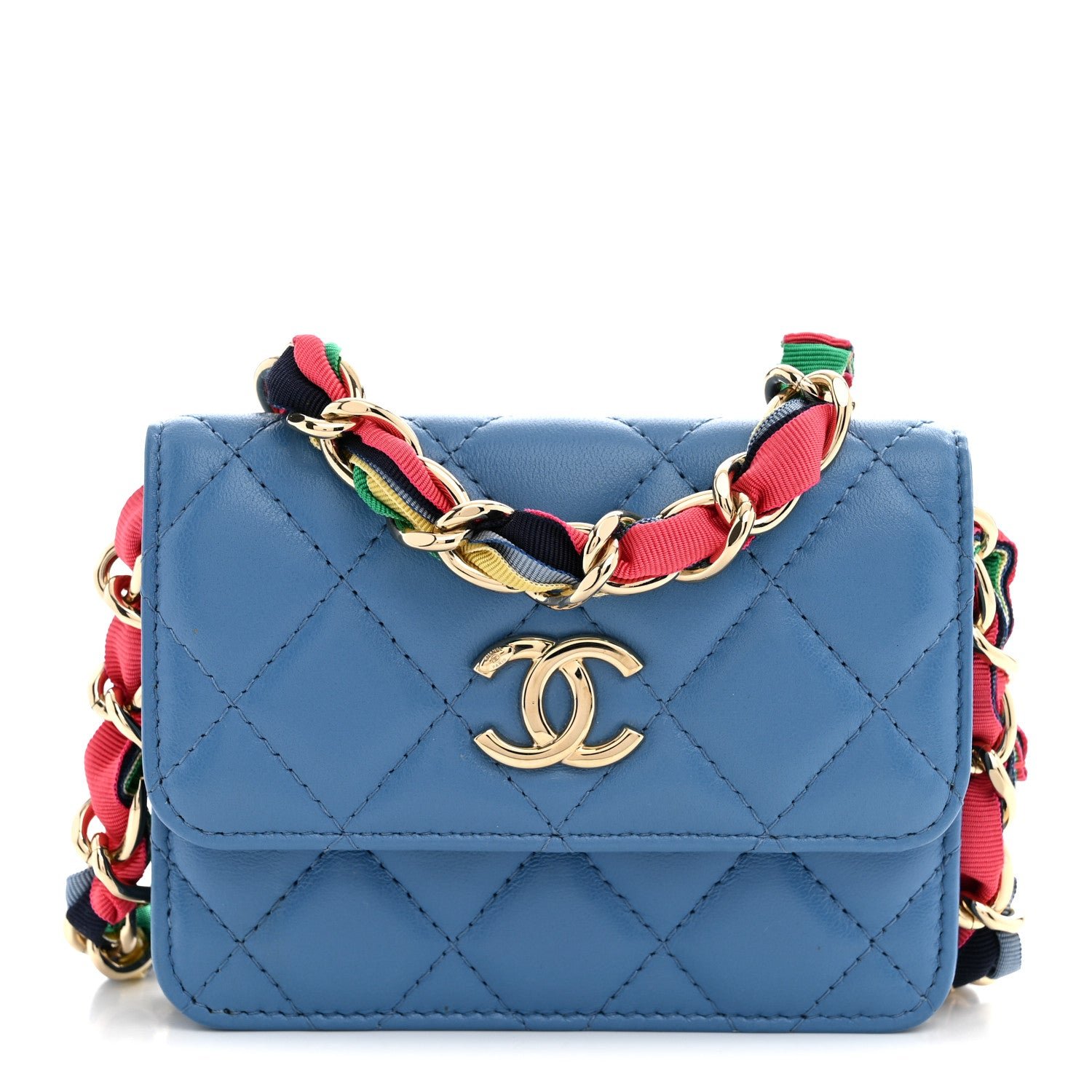Chanel Shiny Lambskin Ribbon Quilted Flap Belt Bag Blue