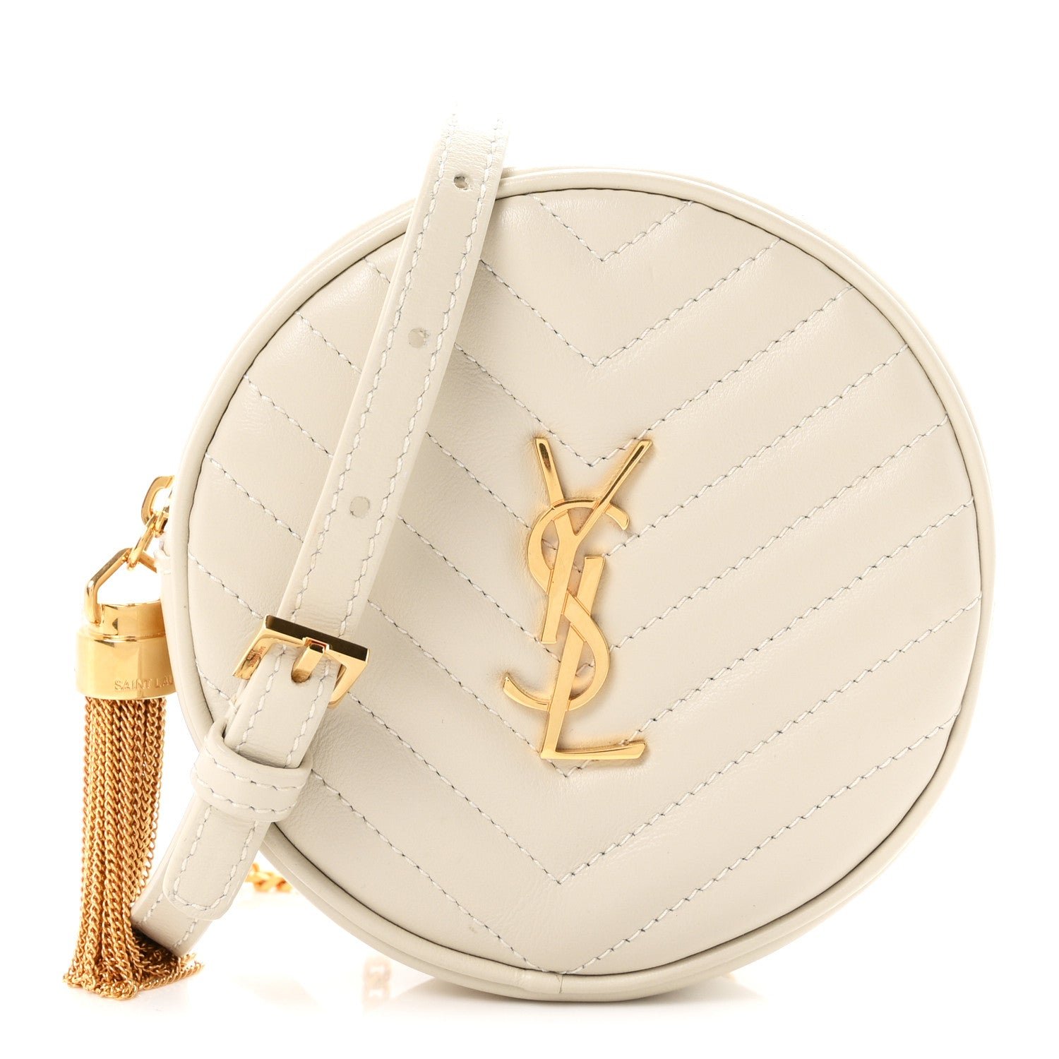 Saint Laurent Grain De Poudre Matelasse Chevron Quilted Round Vinyle Camera Bag Crema Soft