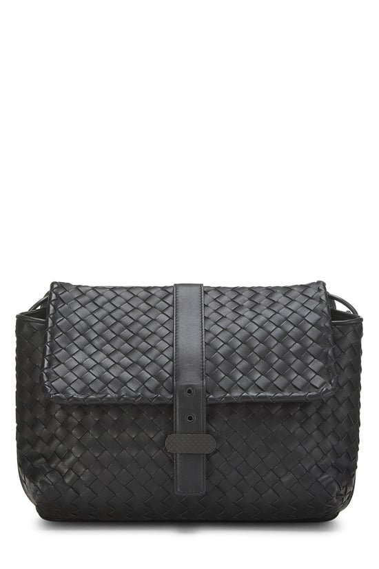 Bottega Veneta Black Intrecciato Double Flap Shoulder Bag