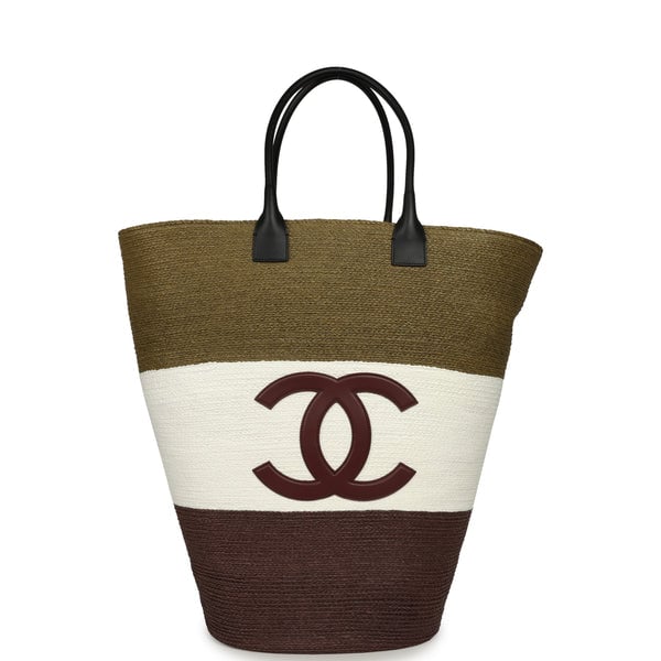 Chanel Maxi Coco Beach Large Shopping Bag Khaki, White, Brown Raffia and Black Calfskin