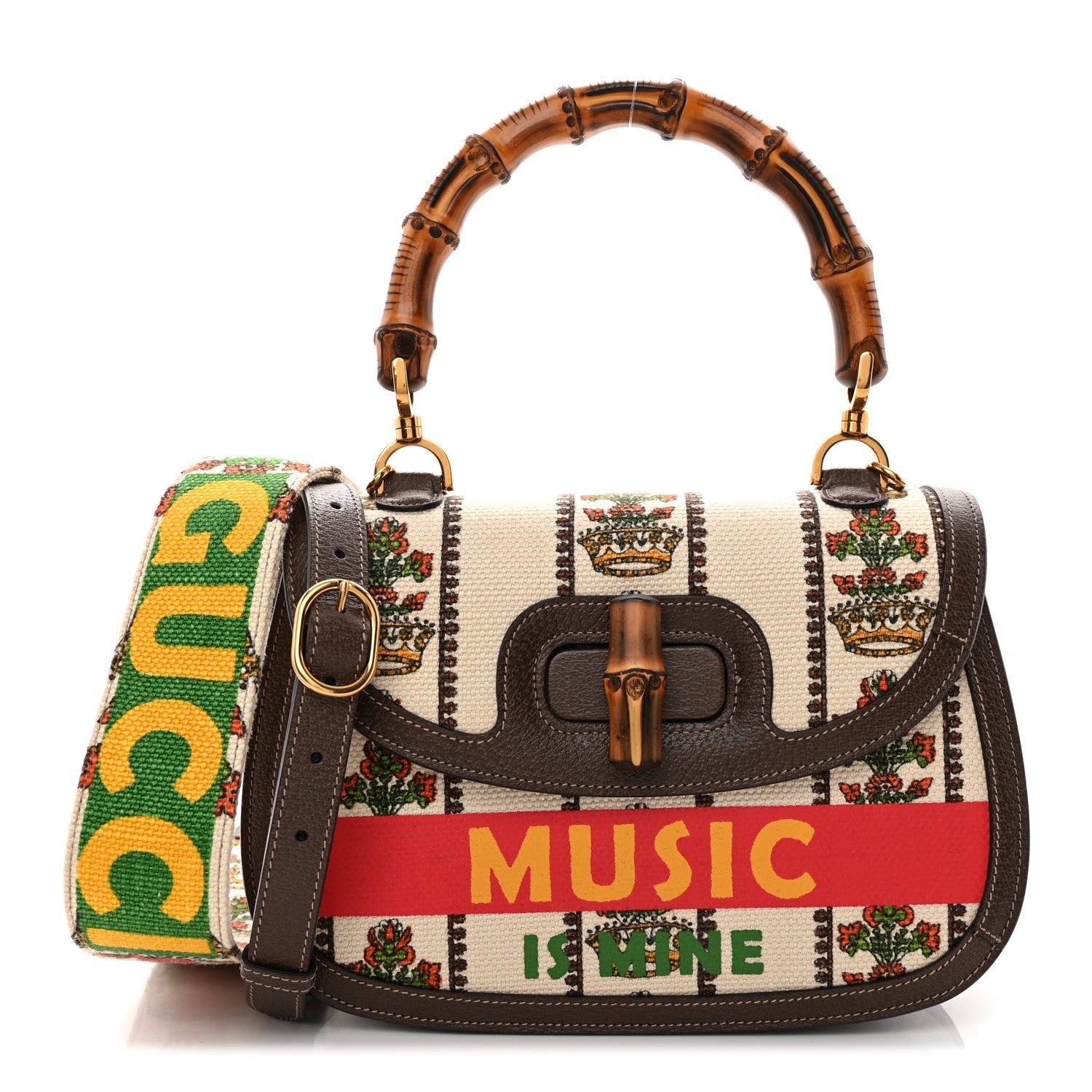 Gucci Canvas Calfskin 100 Centennial Music Medium Bamboo 1947 Top Handle Bag Multicolor